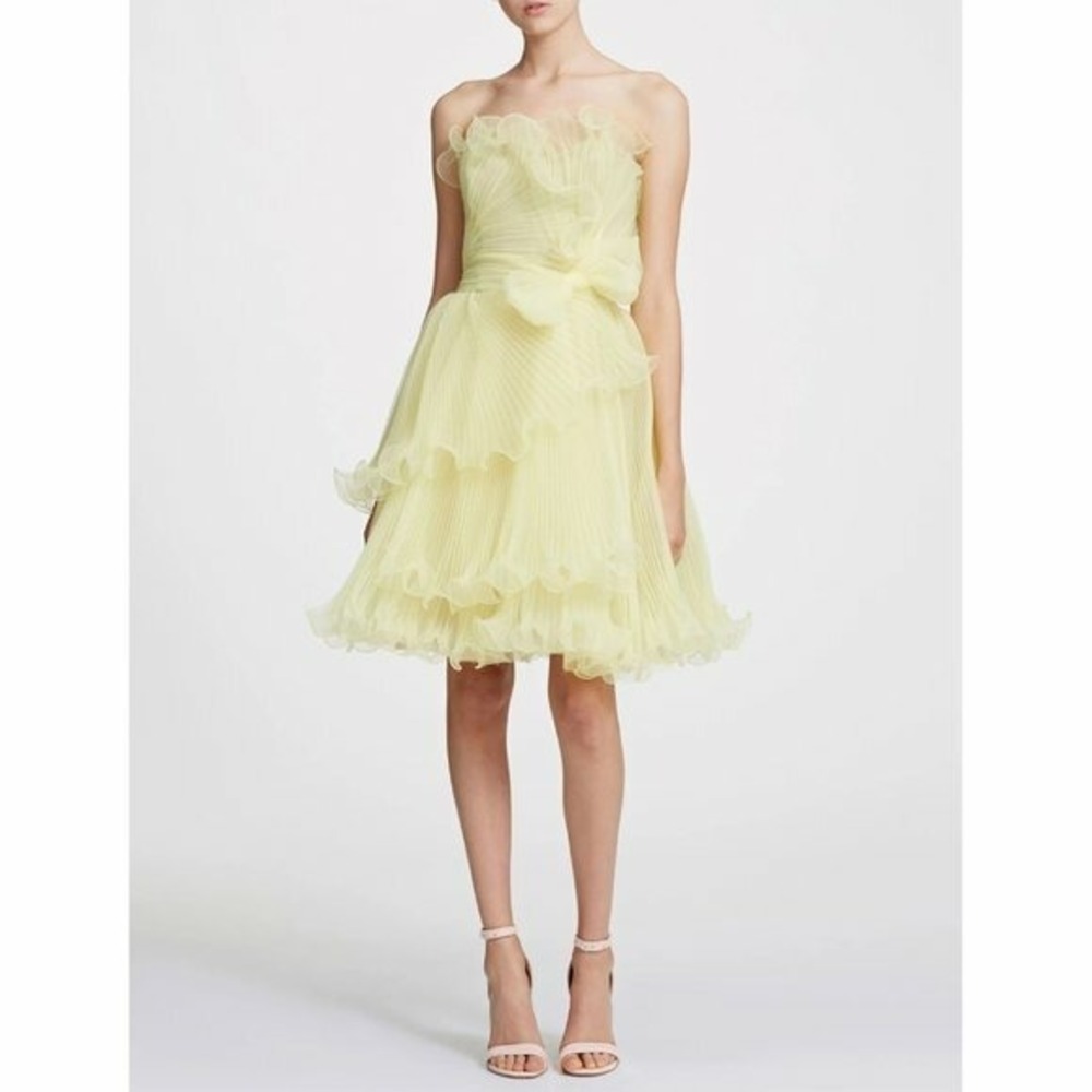 Marchesa Yellow Strapless Ruffle Trim Pleated Organza Dress‎ Size 12 $2995